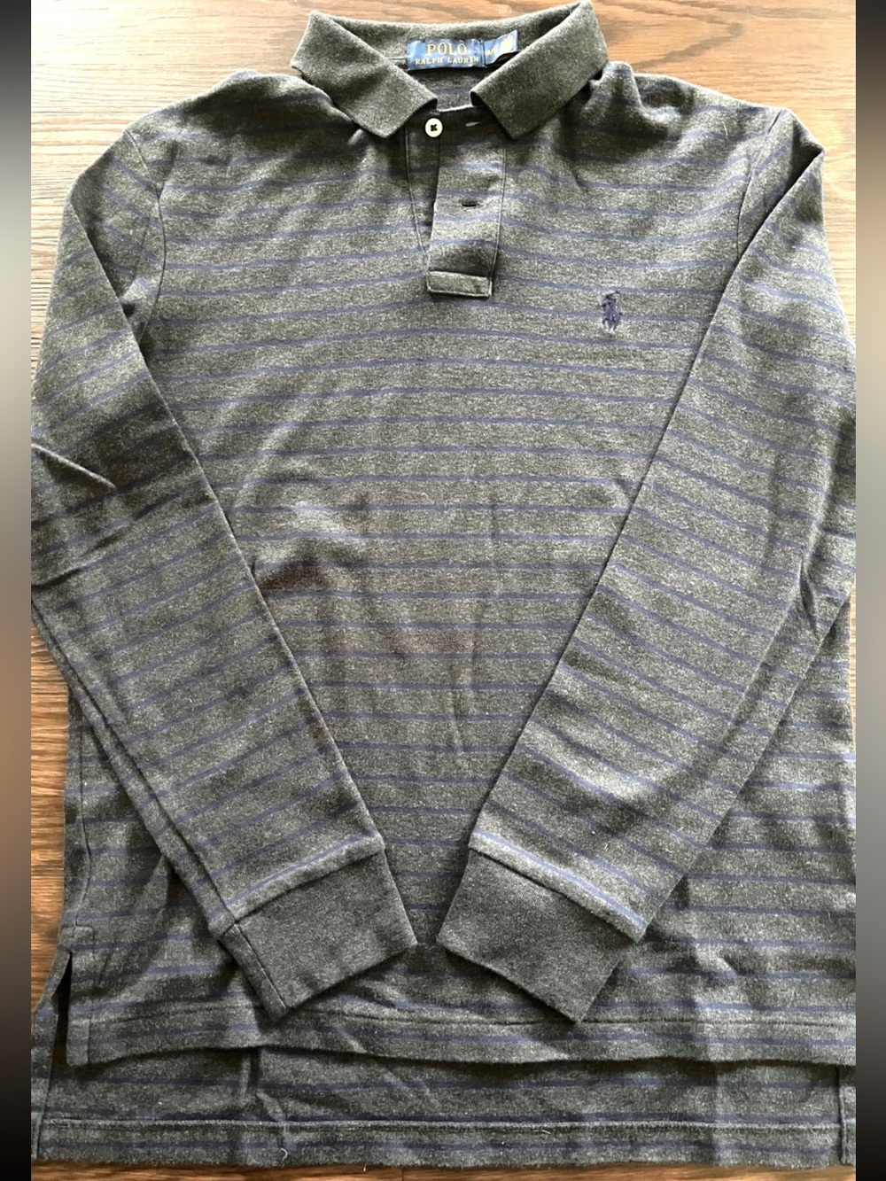 Polo Ralph Lauren Men’s Long Sleeve Polo Shirt Gray Blue Stripe Size Medium